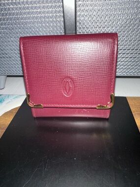 Cartier Burgundy Leather Compact Wallet with Gold Corner Hardware